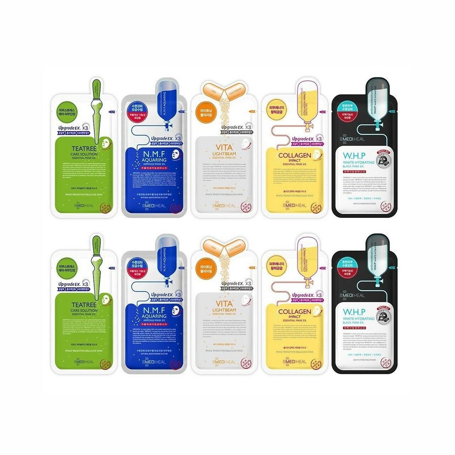 

MEDIHEAL Best 5 Type Combo Mask Sheet Pack из 10 - Teatree, N.M.F Aquaring, Vita Lightbeam, Collagen Impact, W.H.P White Hydrating