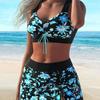 European and American New Printed Suspenders Fashionable Beach Large Size Swimsuit Three-piece Set Women's Conservative Shorts Hot Spring Swimsuit