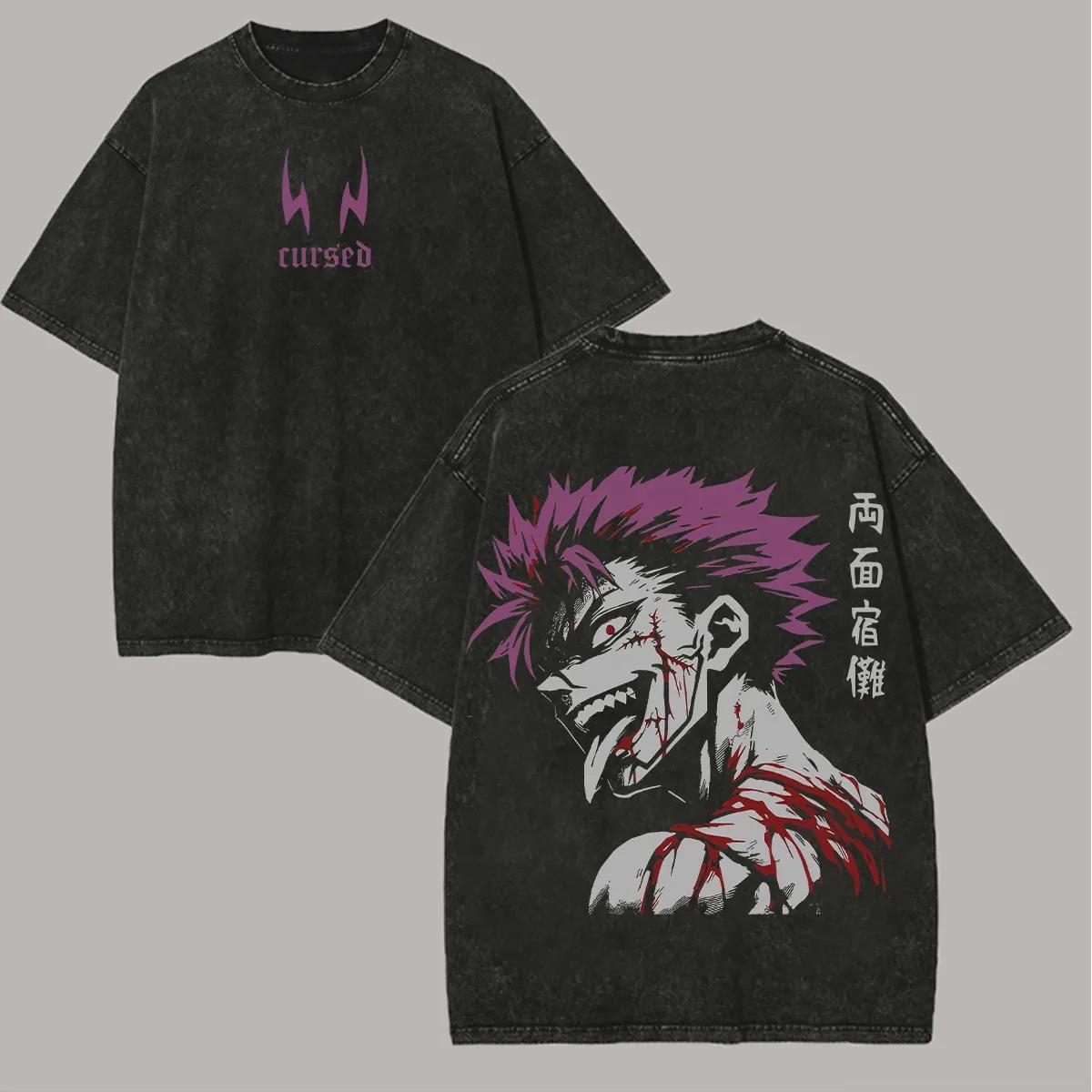 

Jujutsu Kaisen Sukuna T Shirt Men Acid Wash Oversized Streetwear Anime Purple Hair Bloody Ryomen Cotton Vintage Graphic Tee M