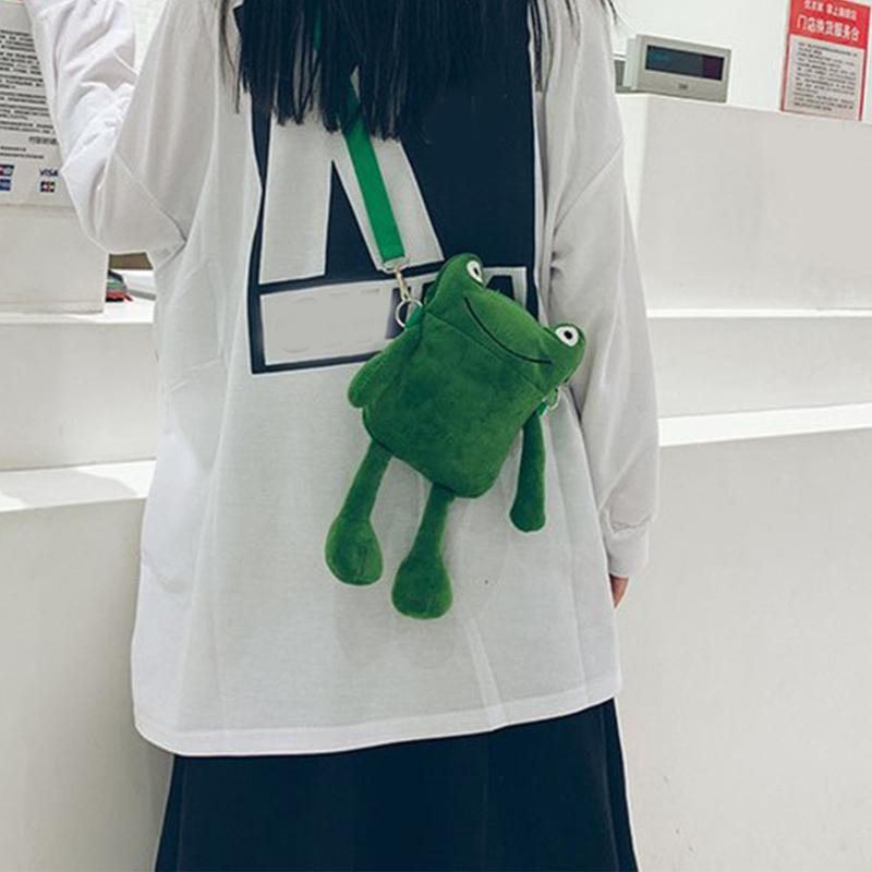 Lässige Cartoon-Umhängetasche, süßes Grün für Frosch, Umhängetasche, Messenger Bag, Plüschtasche, Handtasche für Familientreffen