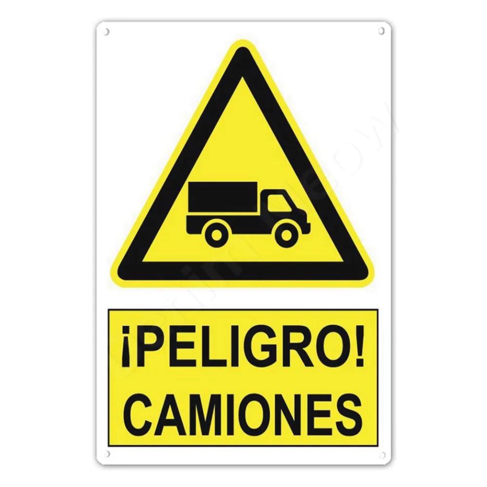 Spanish Warning Sign, Danger Metal Sign for Street, Yard, Bar, Workshop Decor, Yellow Waterproof Caution Signs, Outdoor Indoor