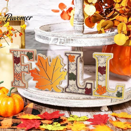 Solid Wood Harvest Theme Signs 4Pcs/Set Fall Wooden Tabletop Signs, Autumn Maple Leaf Letter Decorations for Table Tiered Tray Fireplace Dining