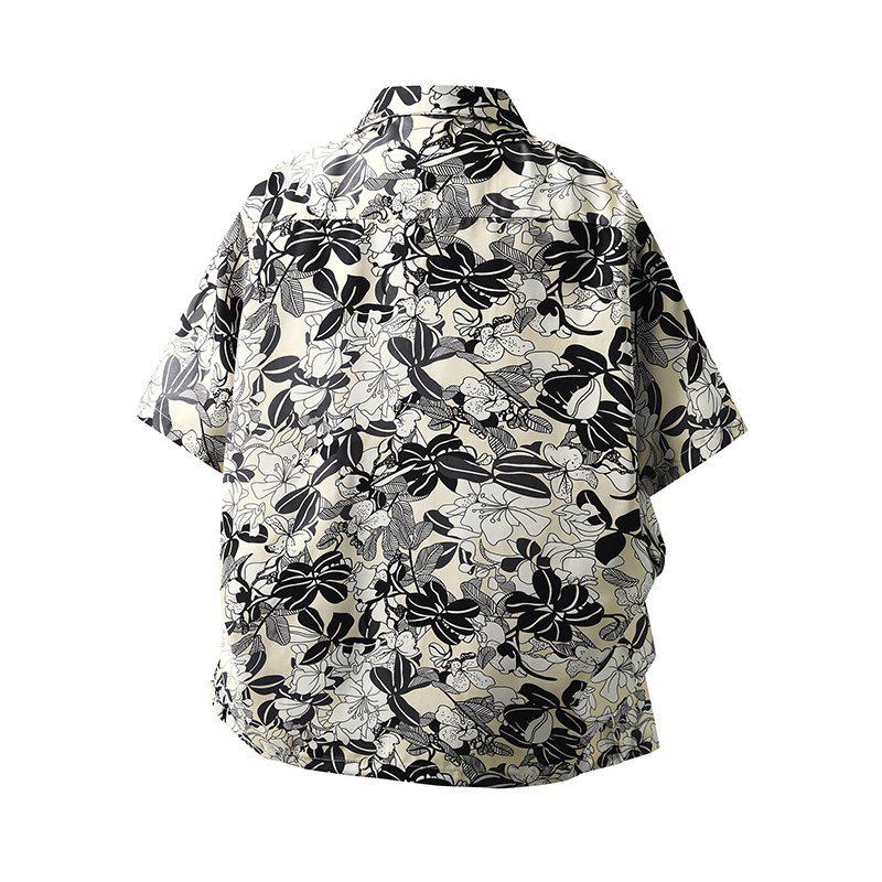 Black & White Tropical Leaf Print Cuban Collar Short Sleeve Shirt - Trendy Hong Kong Style Loose Casual Top