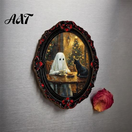 Waterproof Wear Resistant Fridge Decals Halloween Ghost Refrigerator Magnet, Retro Gothic Magnets, Oval Picture Spooky Pumpkin Ornaments Frame