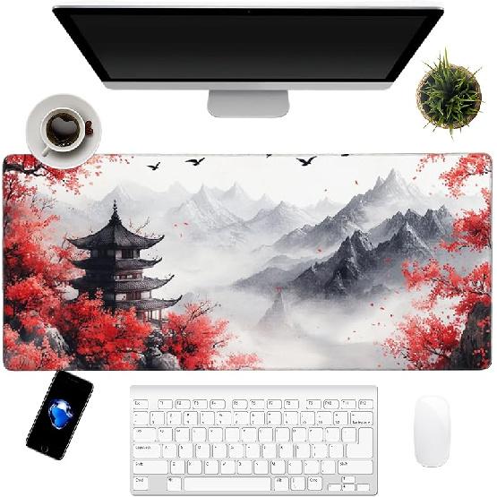 Japanese Cherry Blossoms Art Mouse Pad 31.5"x12" Large - Japanese Traditional Design Water-Resistant Surface Desk Mat with Non-Skid Base for