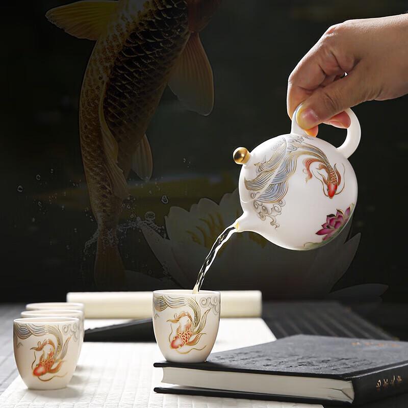 Mutton Fat Jade Dragon Egg Teapot Set with Koi Zen Cups