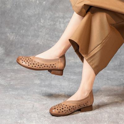 Spring New Middle-aged and Old Mother Leather Thick Heel Hollow Sandals Beef Tendon Soft Sole Outer Hole Sandals