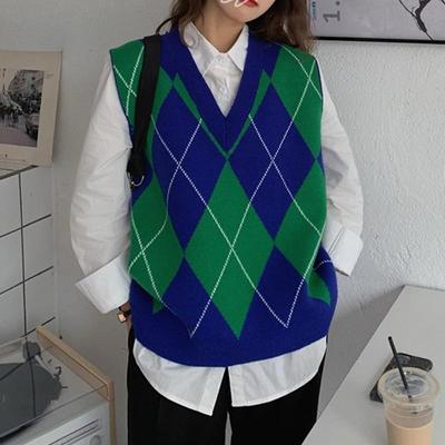 V λαιμόκοψη Vintage Argyle πουλόβερ Γυναικείο αμάνικο καρό πλεκτό πουλόβερ υπερμεγέθη Casual φθινοπωρινό Preppy Style C-223