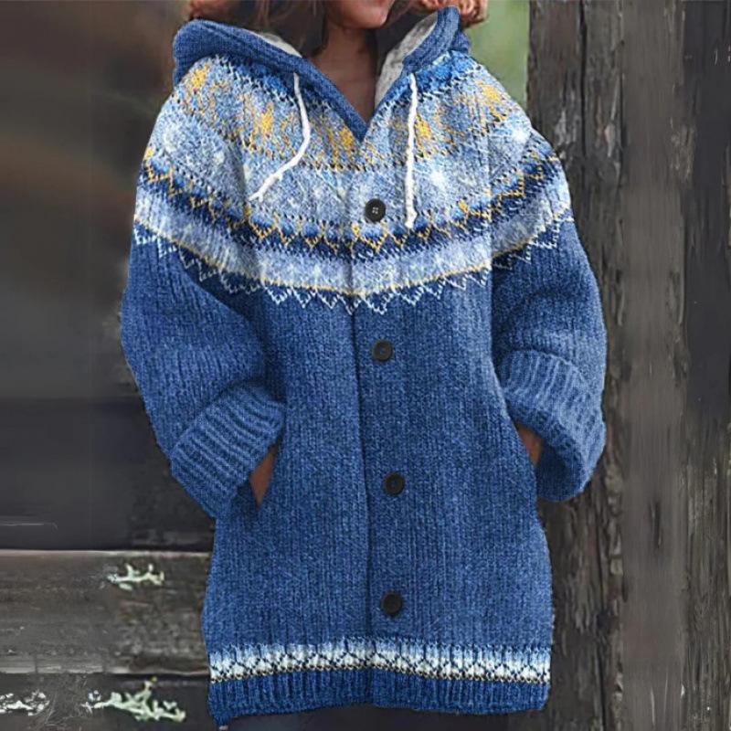 Damen Strickjacke mit Kapuze 3D Tierdruck Einreiher Langarm Mantel mit Taschen