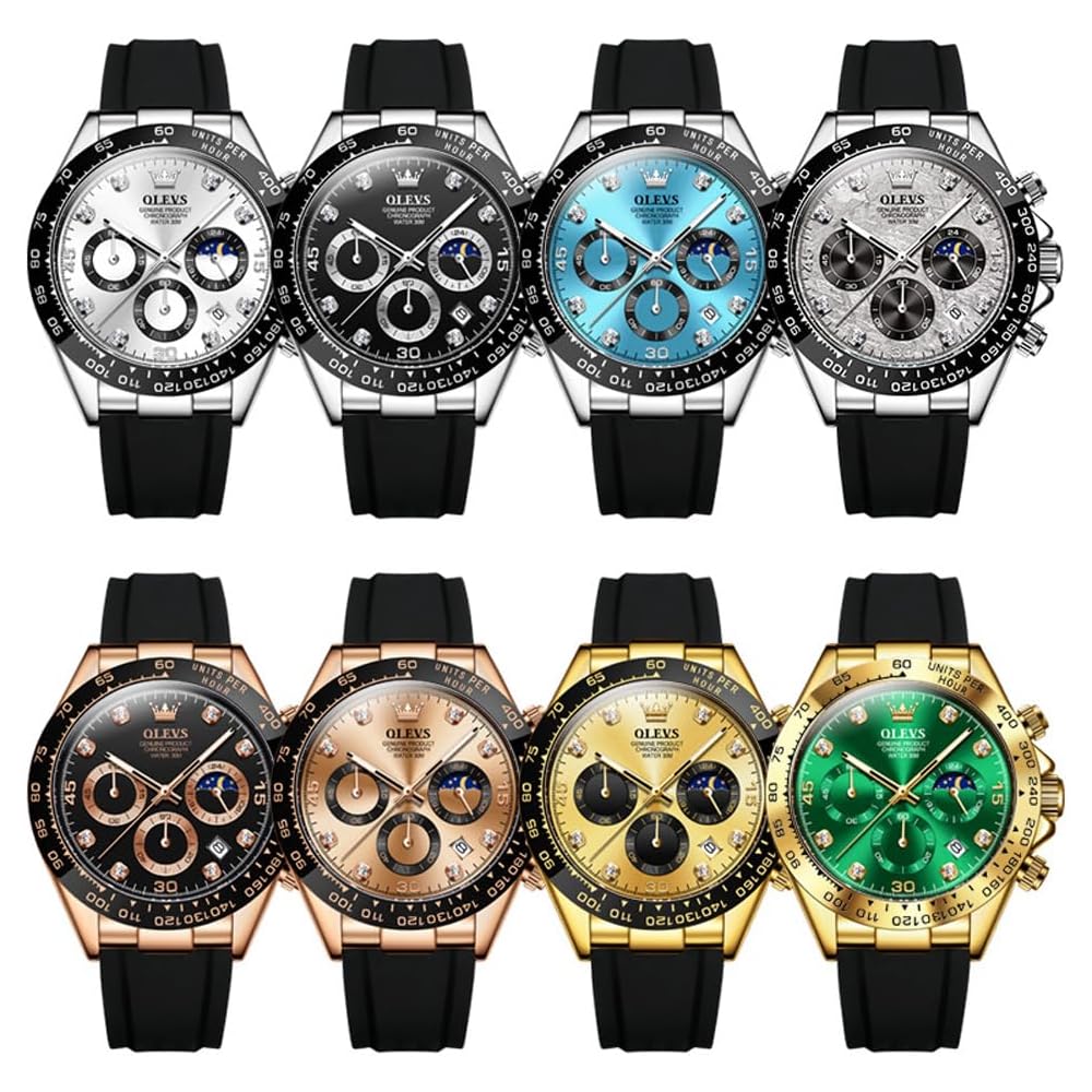 OLEVS Stylish Men's Watch Business Date Waterproof Quartz Gold Analog Chronograph Silicone Strap