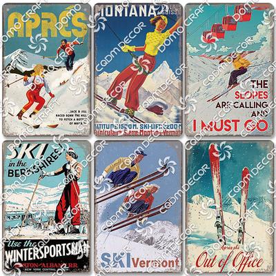 Poster Sci Alpino Lattine di Metallo Pista da Sci Slittino Sport Invernali Sci Metal Plate Decorazione Murale Vintage Negozio Club Sciistico Soggiorno Casa