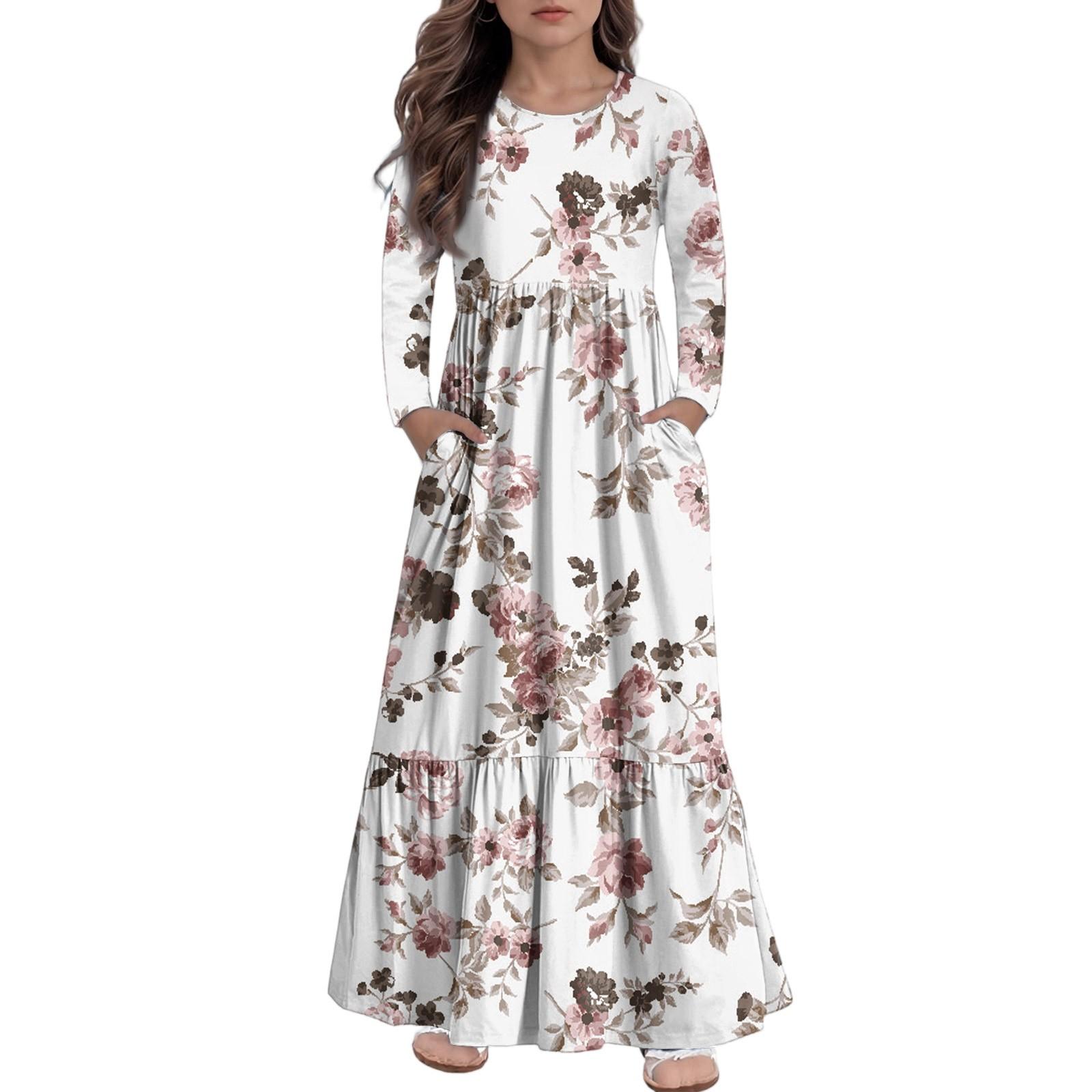 

Макси-платье для девочек, повседневные праздничные платья - платье с длинным рукавом и карманами для 4-14 лет 160 белый