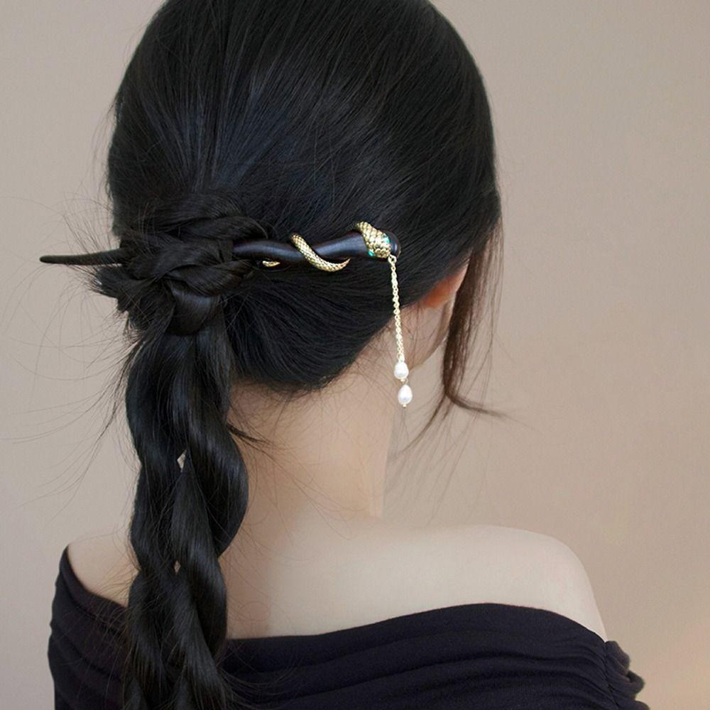 Chinese Style Wooden Hair Stick Hair Sticks for Buns Snake Tassel Hair Stick  Cheongsam Accessories