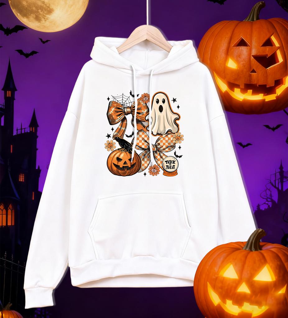 Happy Halloween Creative Bow Ghost Design Hoodies Men Pocket Autumn Hoody Casual Fleece Streetwear Oversized All-Match Pullovers