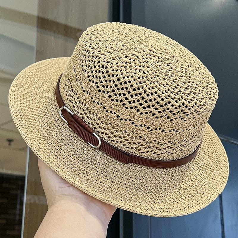 Belt Buckle Flat Top Straw Hat Retro Women'S Summer Uv Protection Sun Hat Hollow Breathable Vacation Sun Protection Top Hat