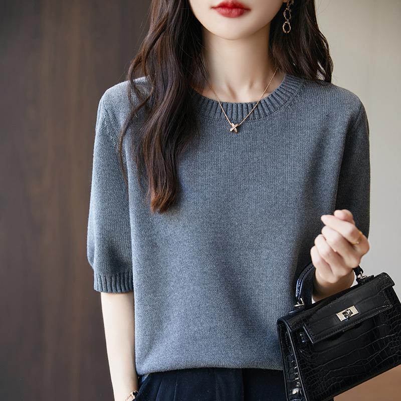 

Женская повседневная трикотажная футболка с коротким рукавом, пуловер с круглым вырезом, однотонный свободный свитер с рукавом до локтя XL серый