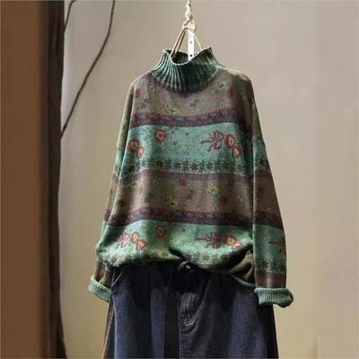 Koreaanse Vintage Bloemenprint Mock Neck Casual Losse Trui Vrouw Herfst Mode Lange Mouwen Trui