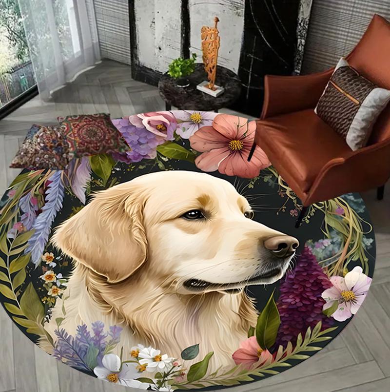 Cute Dog Circular Rug Animal Portrait Winter Snow Scene Pattern Home Decor Carpet Soft Non-Slip Round Floor Mat for Living Room