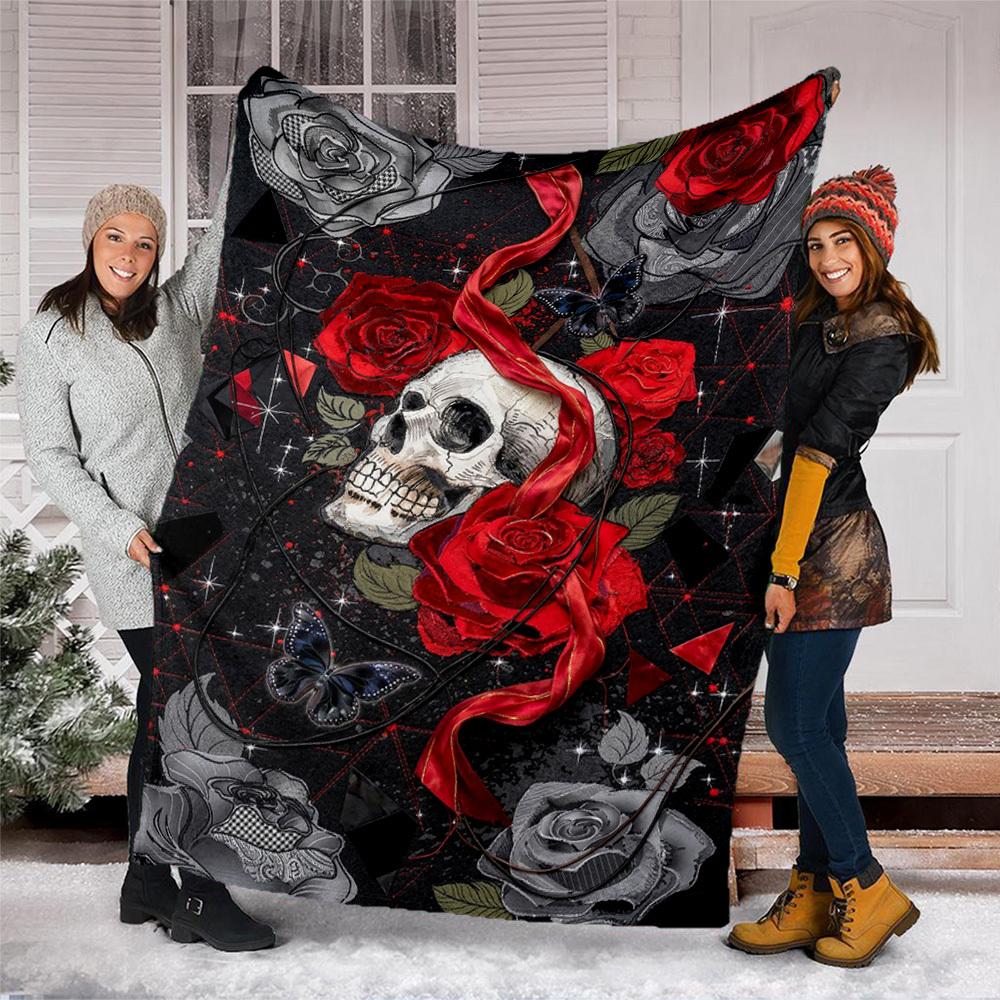 1pc Skull RosesOutdoor Blanket, Soft And Comfortable Blanket, Casual Warm Outdoor Blanket, Good Birthday Gift yy260328096