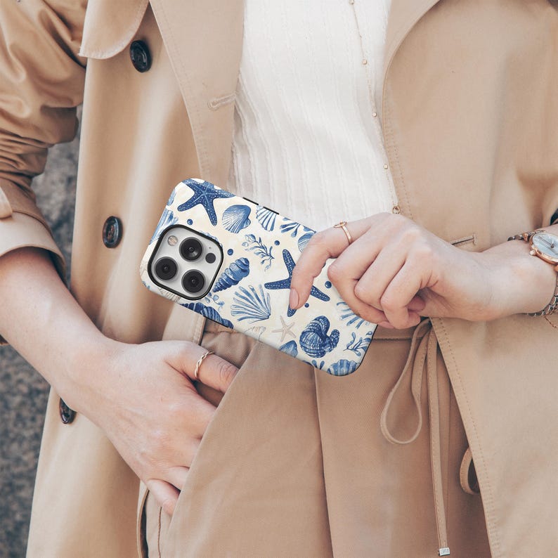Blue Nautical Coastal Beach Starfish and Seashells Phone Case for IPhone 17 16 15 14 13 12 Pro Samsung Galaxy S25 S24 S23 S22