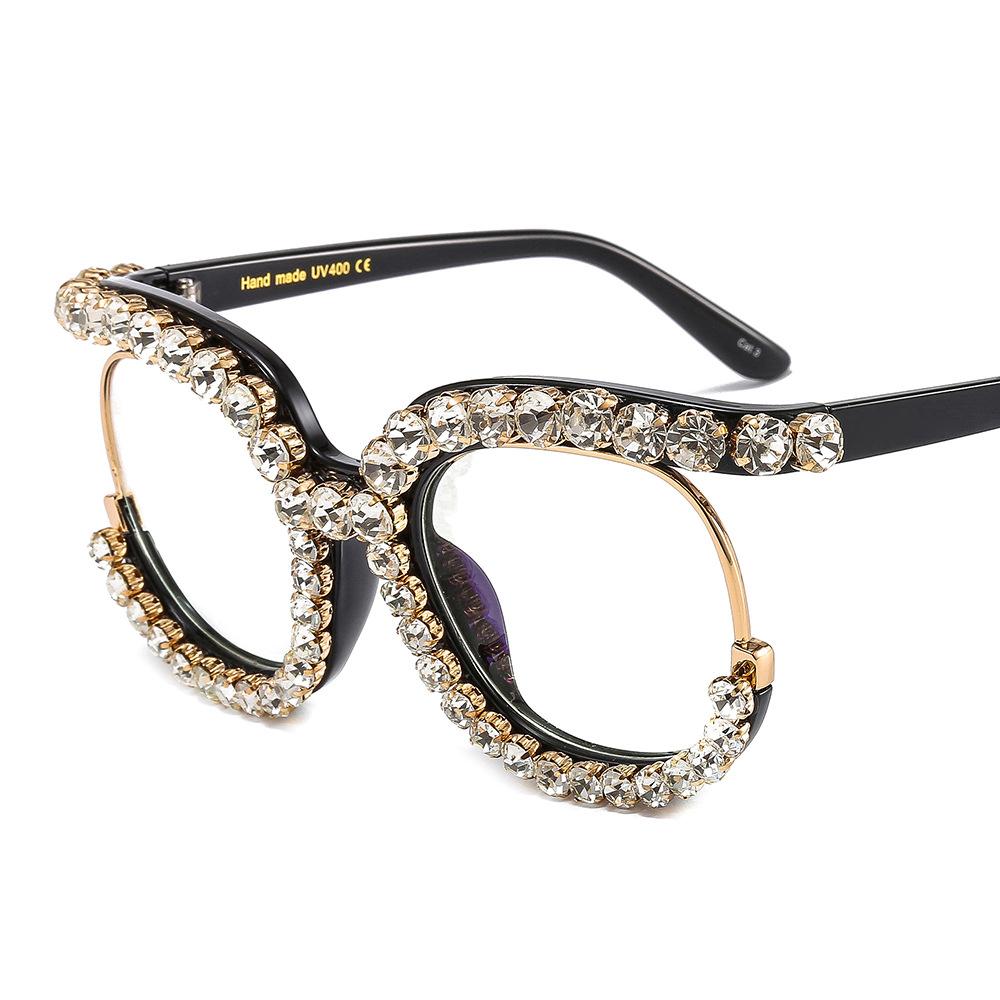 Half Frame Diamond-encrusted Flat Glasses Point Diamond Large Frame Round Glasses Sunglasses UV400 UV-proof Light-colored Sunglasses