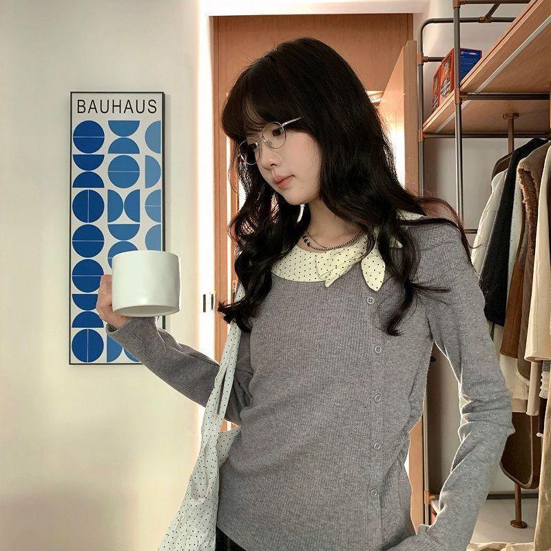 

Women s Retro Patchwork Bow Long Sleeve T-shirt - Korean Style Autumn/Winter Top Medium сірий колір