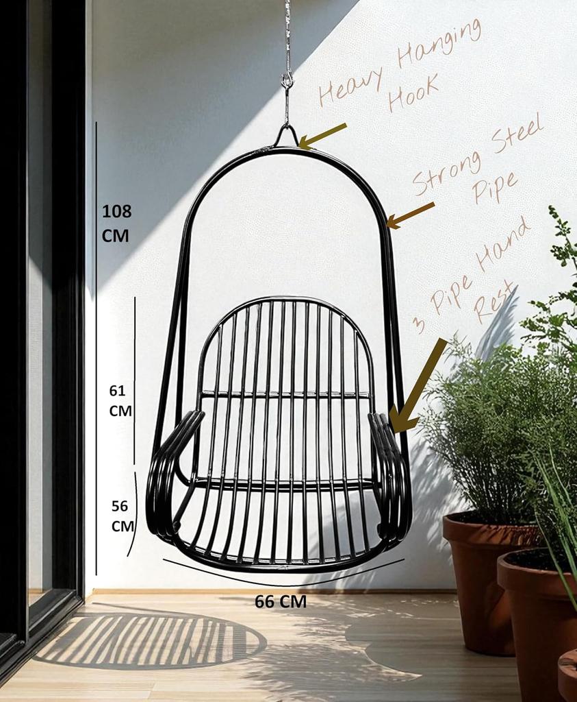 Black Powder Coated Stainless Steel Jhula for Indoor Outdoor Balcony | 150kg Capacity, Pre Assembled, Includes Cushion, Springs & Links