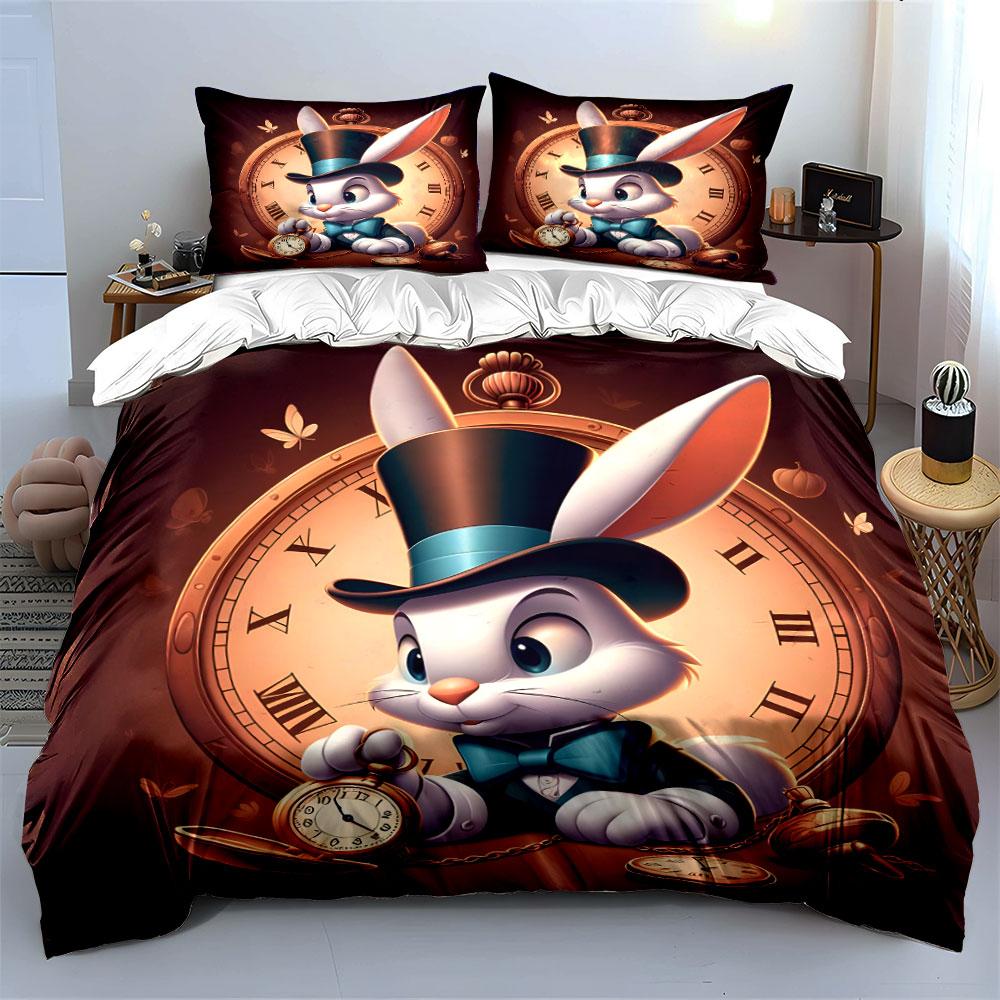 White Rabbit Vintage Clock with Pocket Watch Print Bedding Set 1 Duvet Cover 2 Pillowcases for Adult and Children Luxury Gift