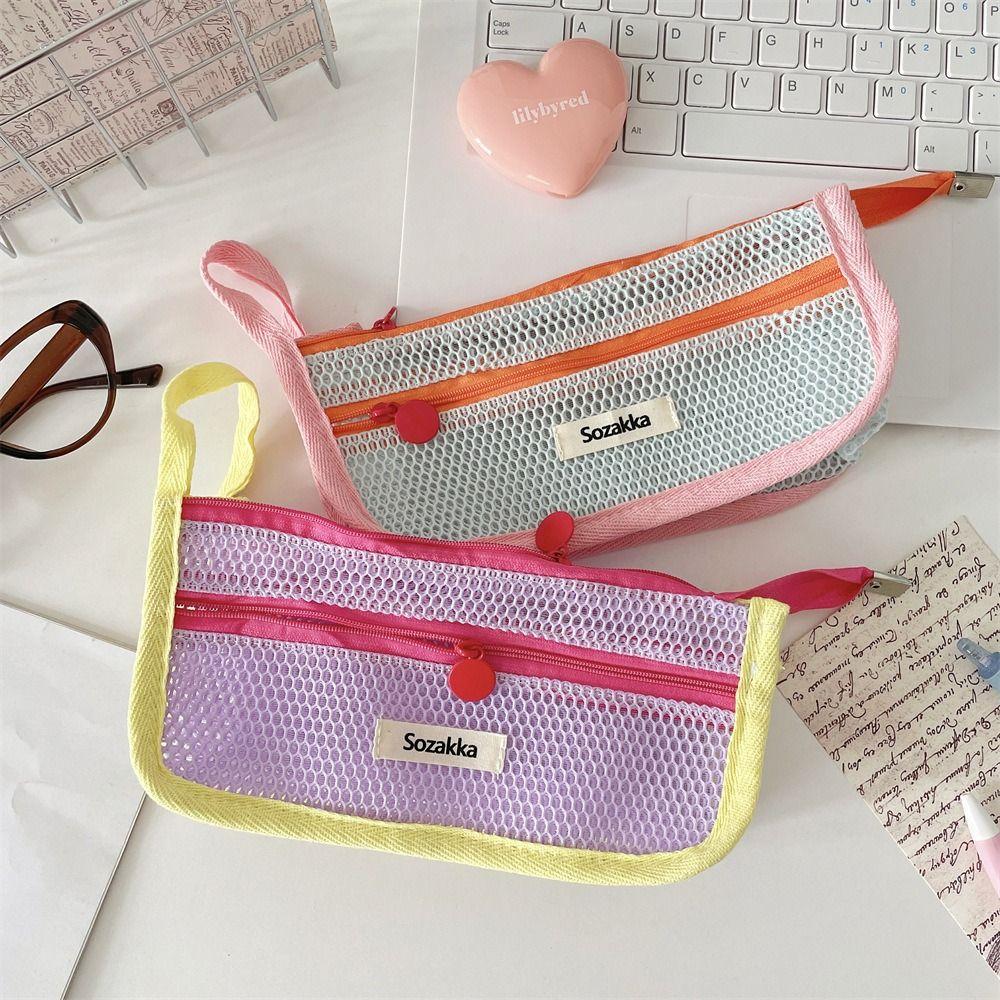 Double Layer Transparent Pencil Bag Nylon Zipper Stationery Bag Simple Mesh Pencil Case Travel
