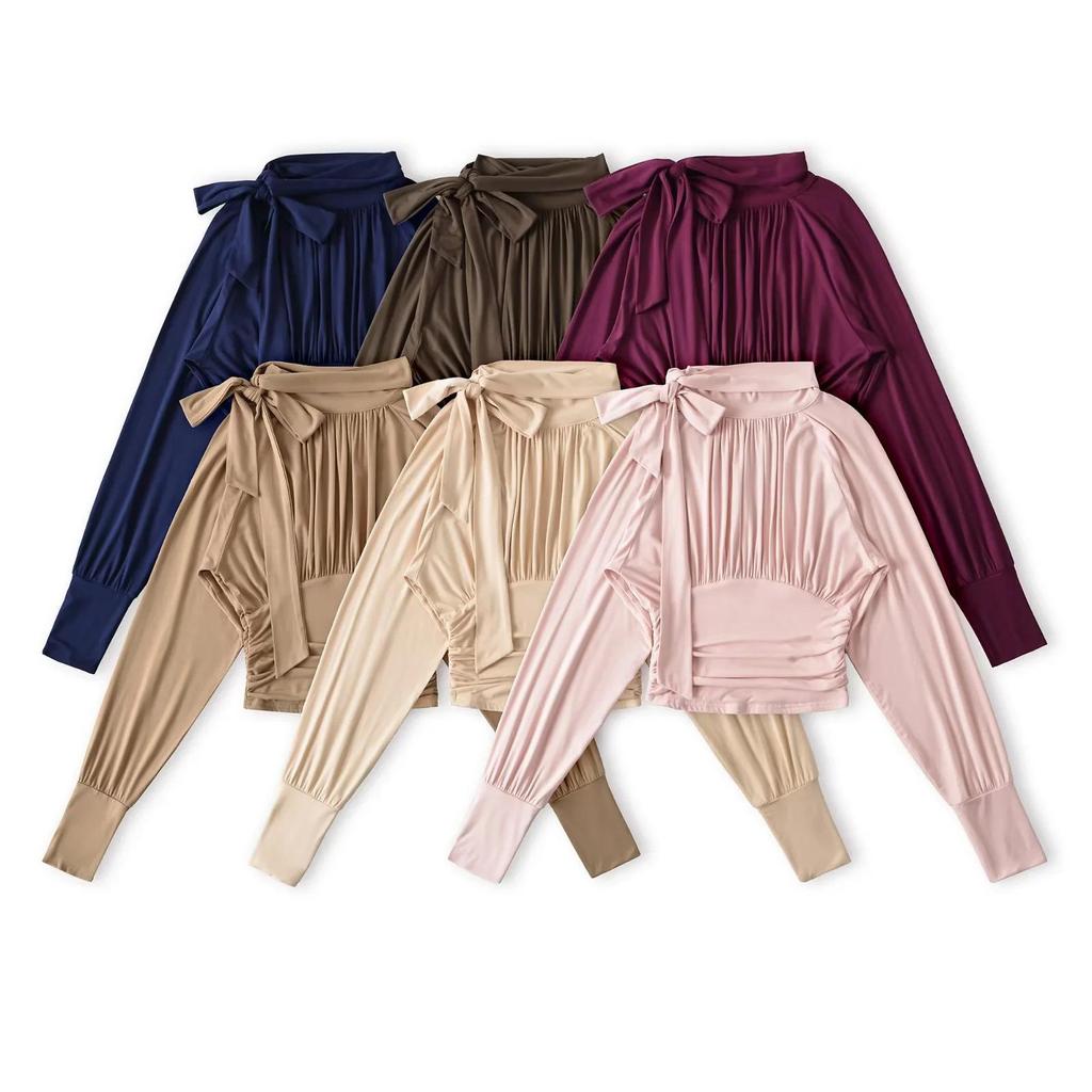 Women's French Retro Tie-Up Slim Fit Cropped Shirt - Stand Collar, Long Sleeve, High Waist (Spring/Autumn)