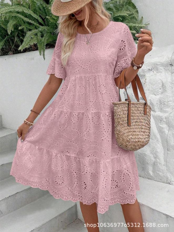 

Жіноча рожева мереживна сукня з ажурним візерунком, з оборкою по подолу, з коротким рукавом, з круглим вирізом, літня повсякденна сукня XL рожевий