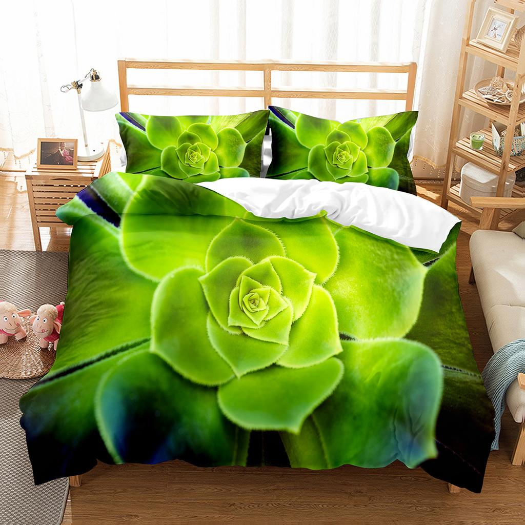 Succulent Plants Green Plant Duvet Cover Set Polyester Comforter Cover King Queen Full Size Bedding Set with Pillowcase for Teen