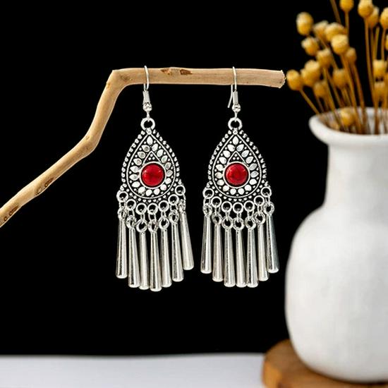 Peacock Tassel Earrings with Hollow Leaf Design in Retro Ethnic Style Imitation Silver for Women