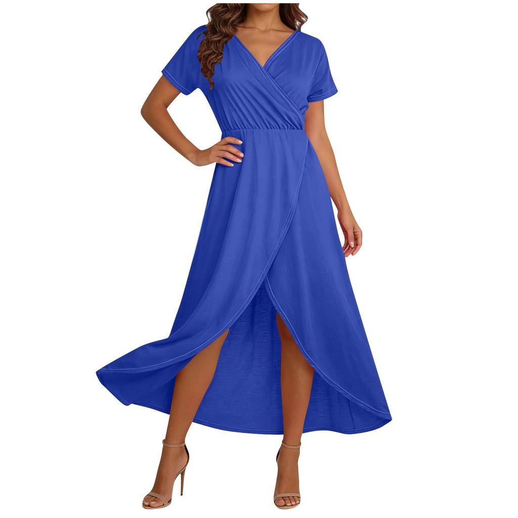 Women's Elegant Loose-Fit V-Neck Short-Sleeve Flowing Resort Dress