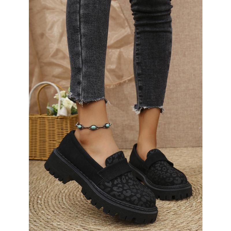 Women's Slip-On Loafers, Patterned Round Toe Casual Leather Shoes, Plus Size British Style Flats
