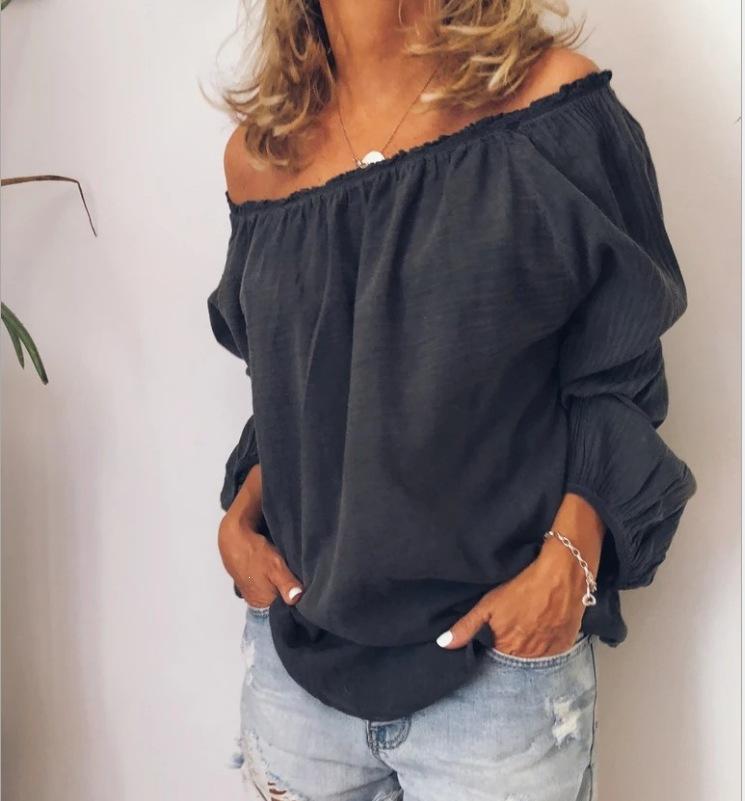 Women S Solid Long Sleeve Blouse Off Shoulder Loose Fit Casual Top S