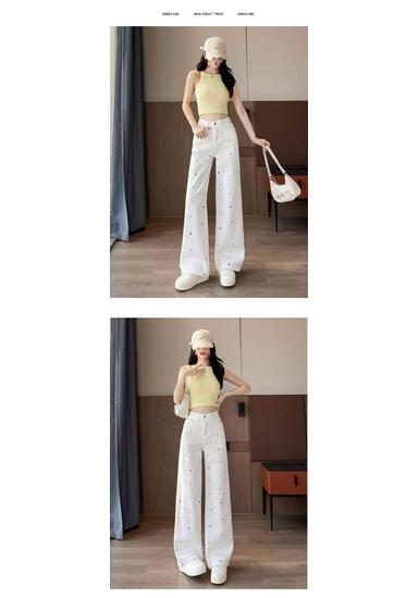 Autumn/Winter High Waist White Polka Dot Wide-Leg Jeans for Women, Slimming and Floor-Length.