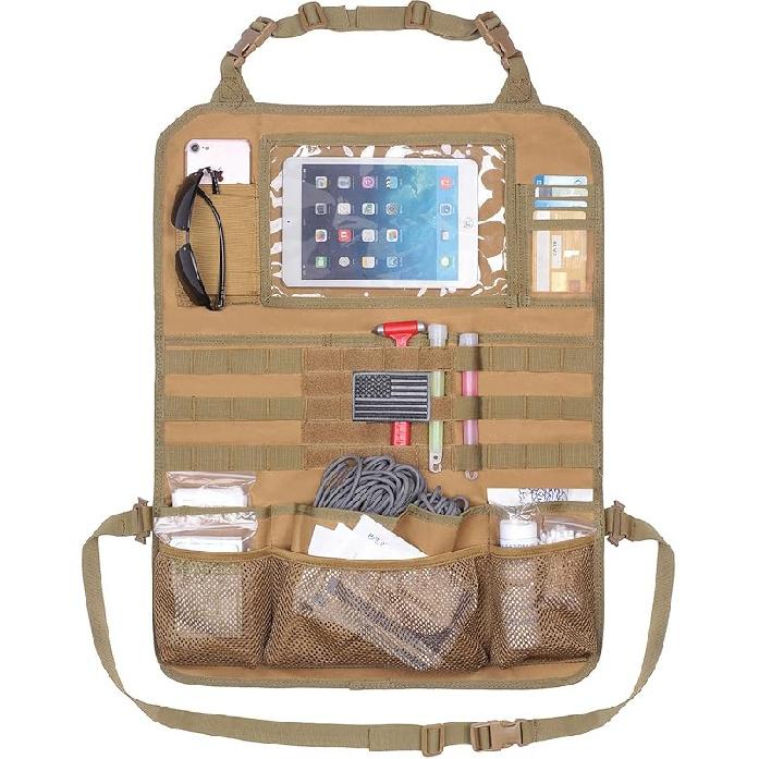 Tactical Car Seat Back Organizer Set Upgraded Tactical Molle Seatback Cover Protector Universal Fit Vehicles Truck MPV Pickup (Black with 2 Pouches)