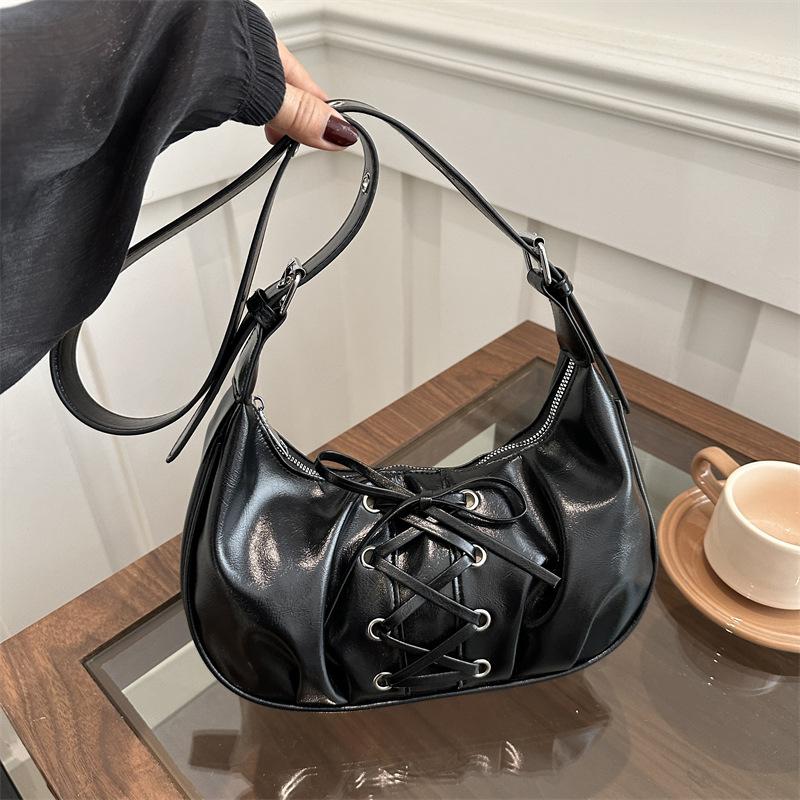 Hot Y2K Solid Color Underarm Hobo Bags for Women Casual Style PU Leather Design Ladies Bow Handbag Adjustable Strap Shoulder Crossbody Bag