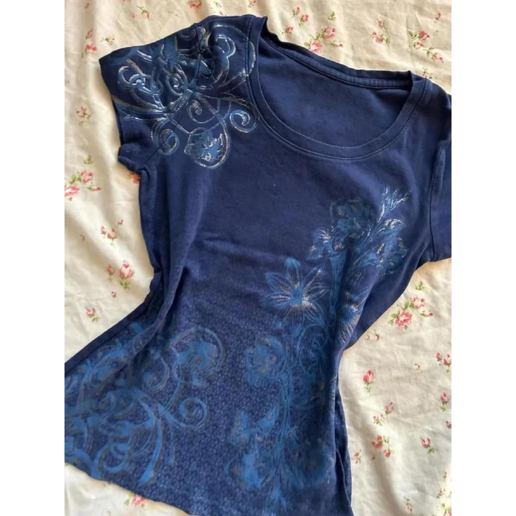 TrendHub Y2k Subculture Vintage Basics Floral Printed Short Sleeve O-Neck Slim Fitting Casual Streetwear Hottie Tees Basics Lady Clothes