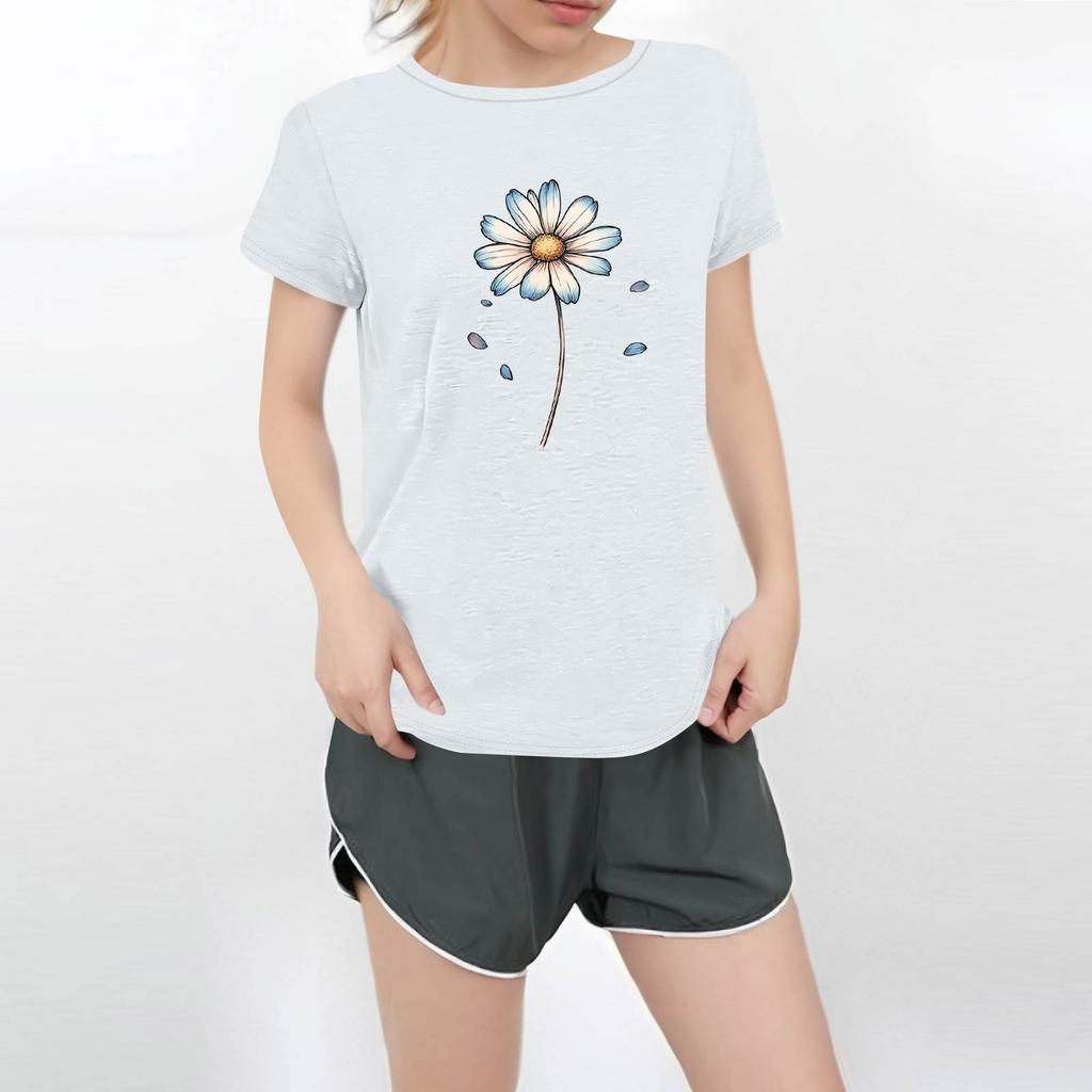Camiseta feminina casual estampada de manga curta com decote redondo
