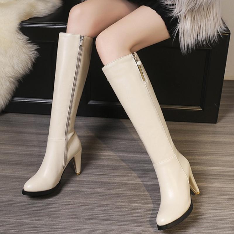 Women's Winter Knee High Boots Elegant Spike High Heel Long Fur Snow Boot Black Beige Zipper Warm Party  Shoes Large Size 45