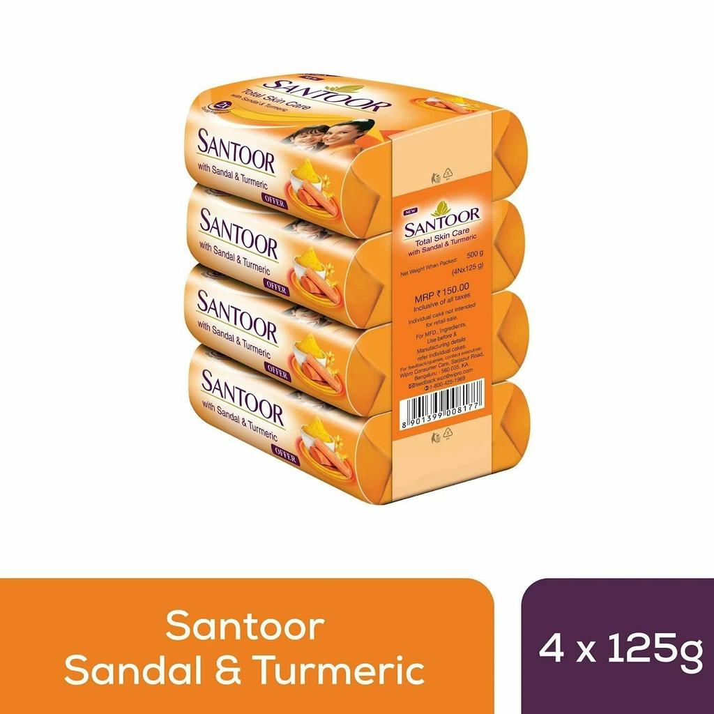 Santoor Sandalwood and Turmeric Bath Soap for Younger Looking and Glowing 125gx4