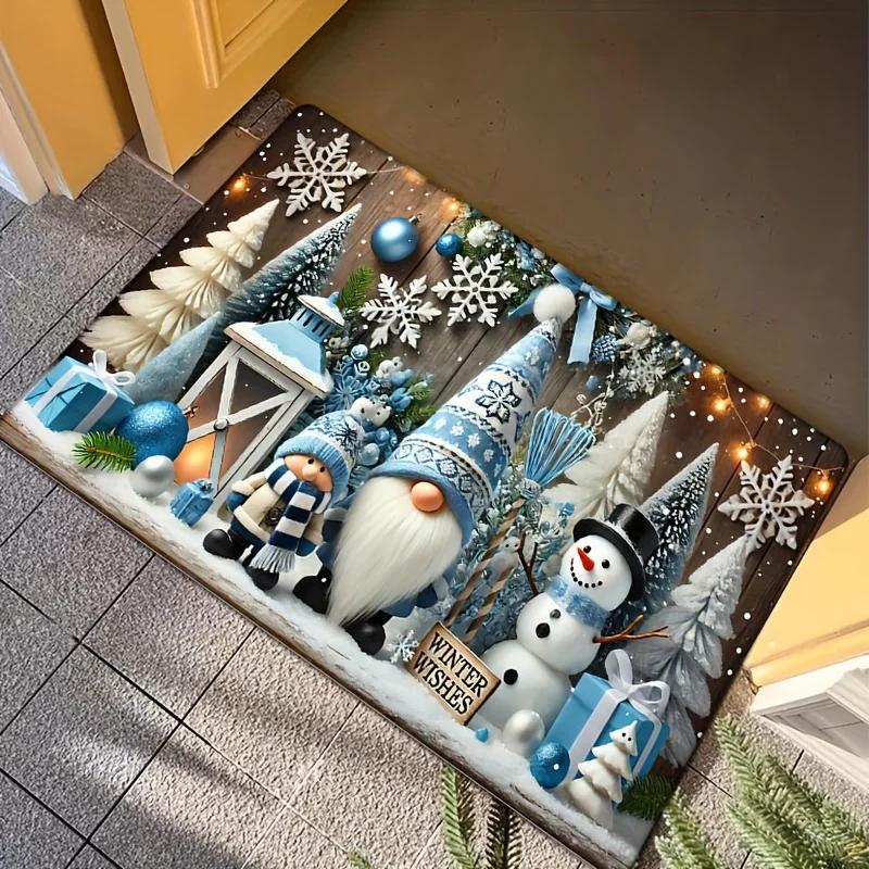 Blue Christmas Gnome Snowman Doormat, Festive Gift Lantern Design Rug, Non-Slip Machine Washable Holiday Door Carpet