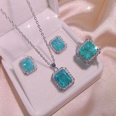 European & American Style Paraiba Princess-Cut Ring, Necklace, and Stud Earrings Set
