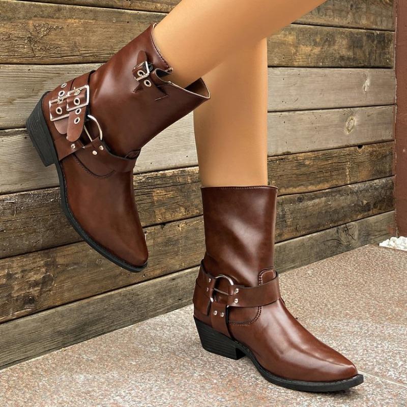 Autumn and winter new Martin boots fashion pointed locomotive wind knight boots metal buckle square heel boots