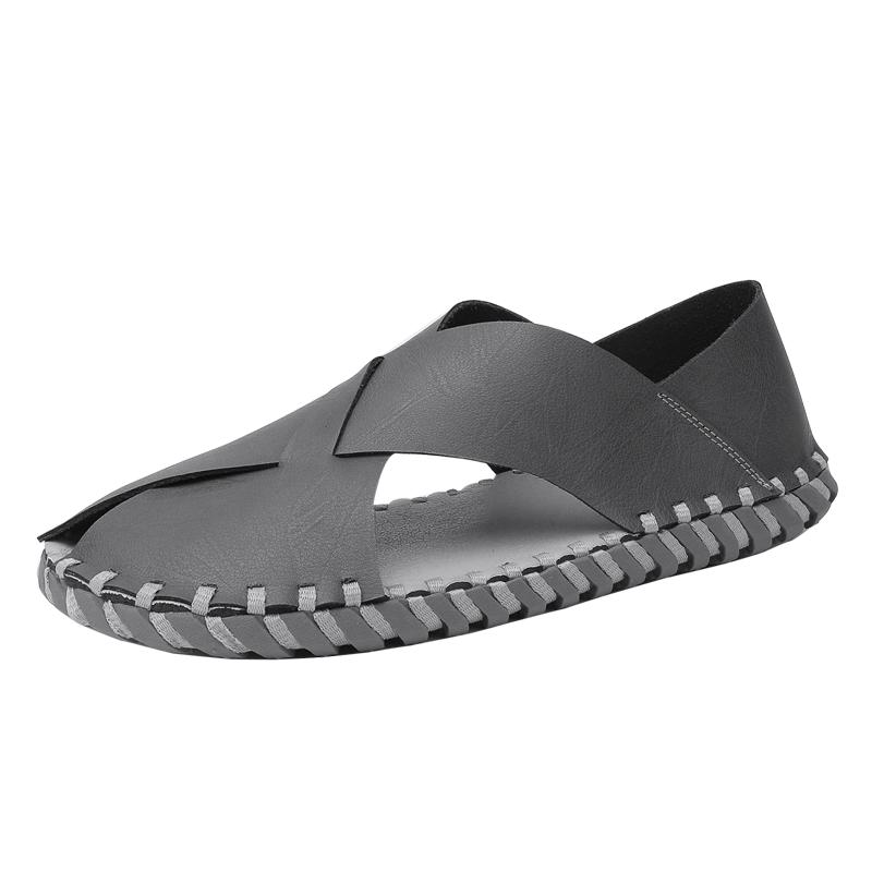 Fashionable New Massage Sole Loafers Men's Leather Sandals Open Toe Men's Leisure Camping Shoes Gray Versatile Free Delivery