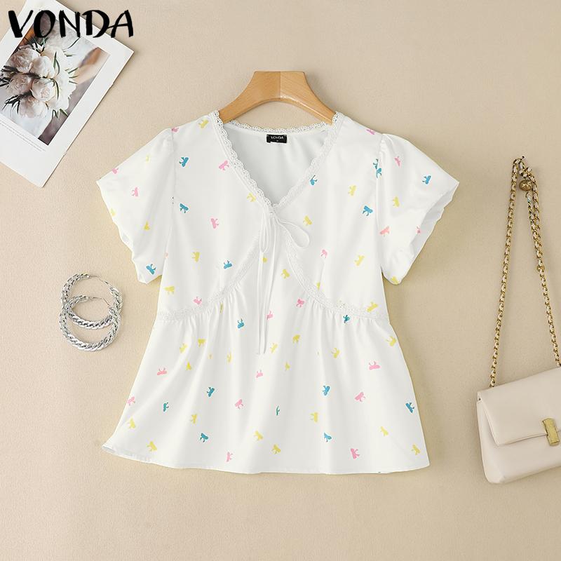 

VONDA Printing Women V Neck Short Puff Sleeve Splicing Floral Print Casual Tops Blouse M білий