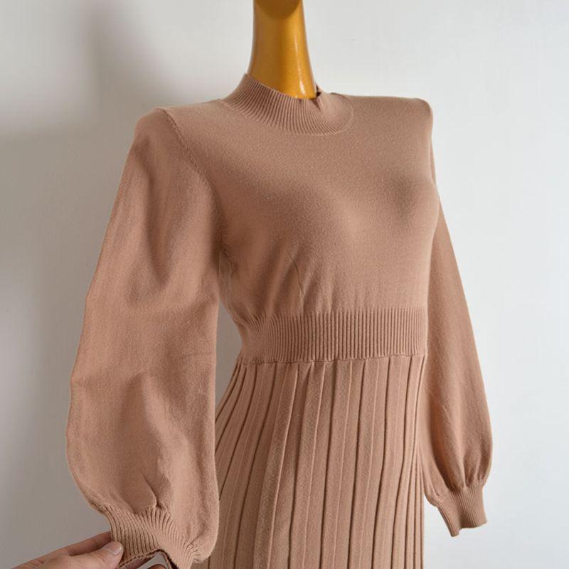 Foreign Trade Original Order New Solid Half-high Collar Long Sleeve Knitted Dress Women Clothes Waist Slimming Over the Knee Pleated Long Dress