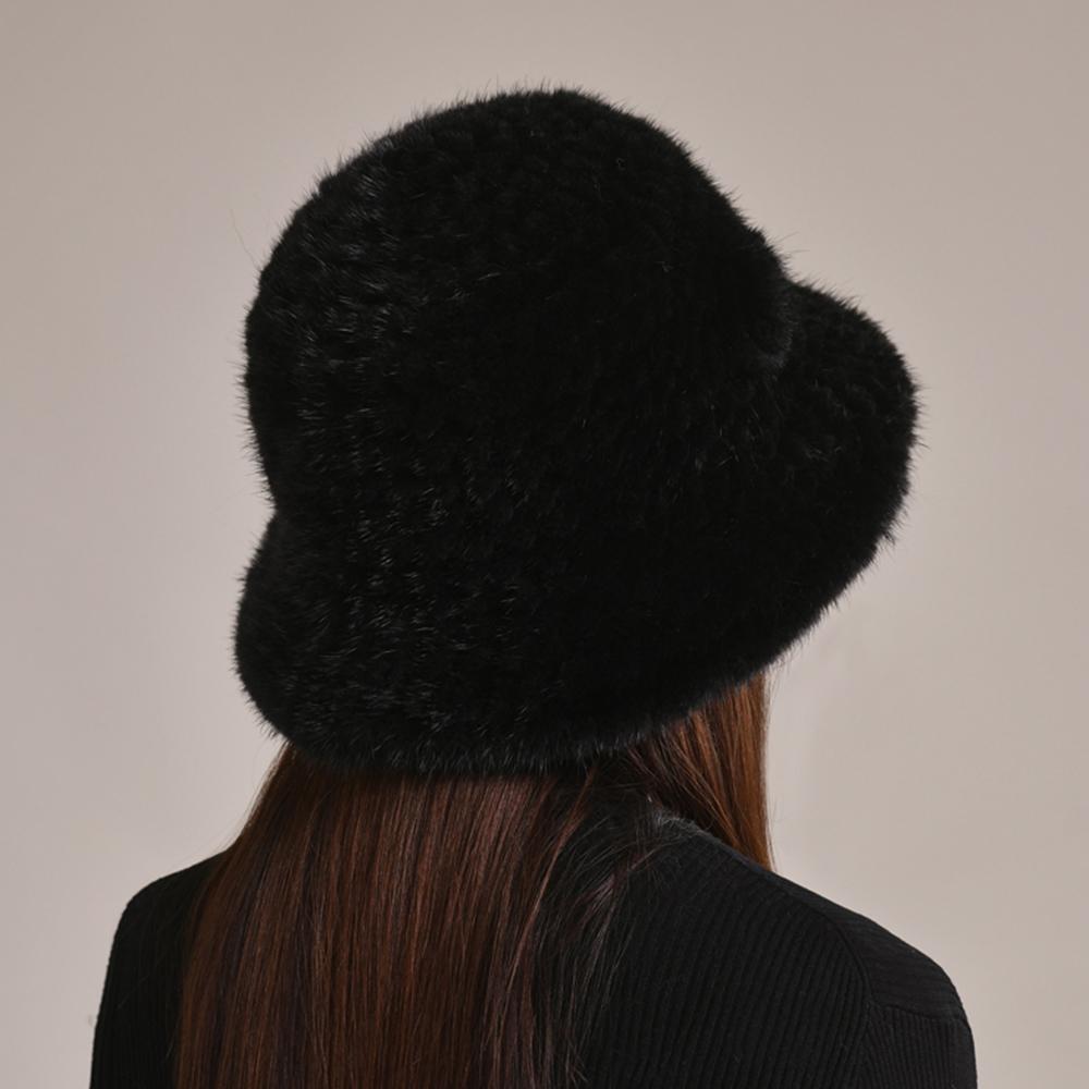 Woman Hat Winter Solid Mink Caps With Flower Mink Fur Hats New Russian Girl Soft Knitting Real Fur Bucket Hats